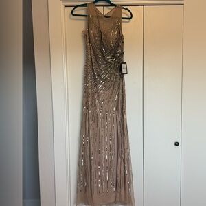 New- Adrianna Papell Beaded Mermaid Slit Gown in Taupe. Sz 8